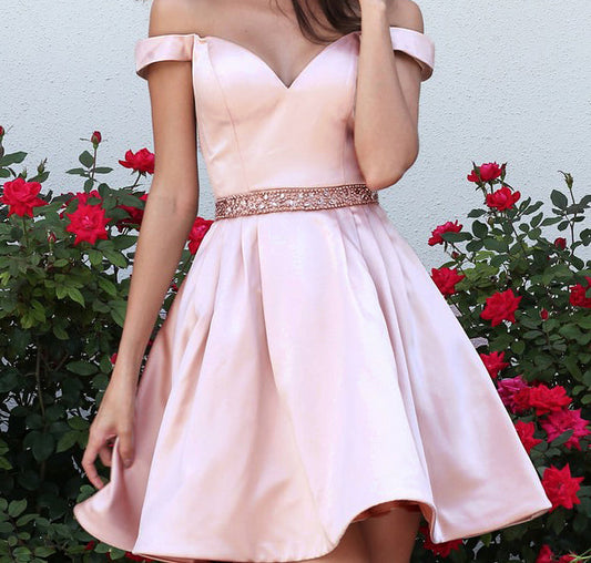 Off The Shoulder Pleated Beading V Neck A Line Homecoming Dresses Satin Pink Valerie Short