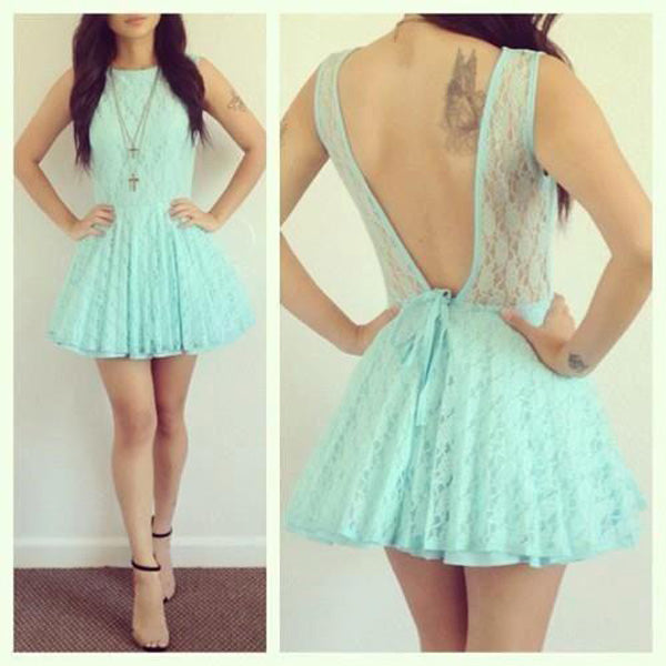 Backless Jewel A Line Lace Homecoming Dresses Gretchen Sleeveless Pleated Blue Hollow Short