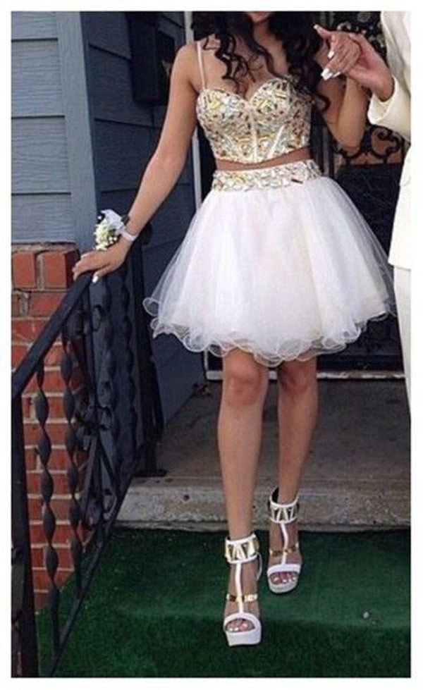 Spaghetti Straps Two Pieces A Line Yasmin Homecoming Dresses Rhinestone Organza White Sweetheart