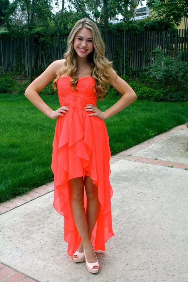 High Low Strapless Kaia A Line Chiffon Homecoming Dresses Sweetheart Coral Pleated