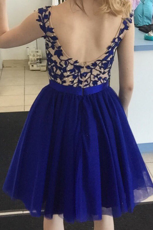 Backless Sleeveless Tulle Appliques Royal Blue Homecoming Dresses Kali A Line Pleated