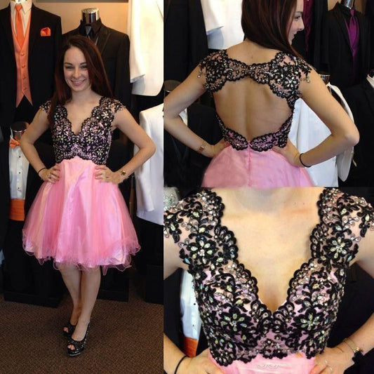 Cap Sleeve A Line Janiya Lace Homecoming Dresses Pink V Neck Backless Appliques Rhinestone Organza