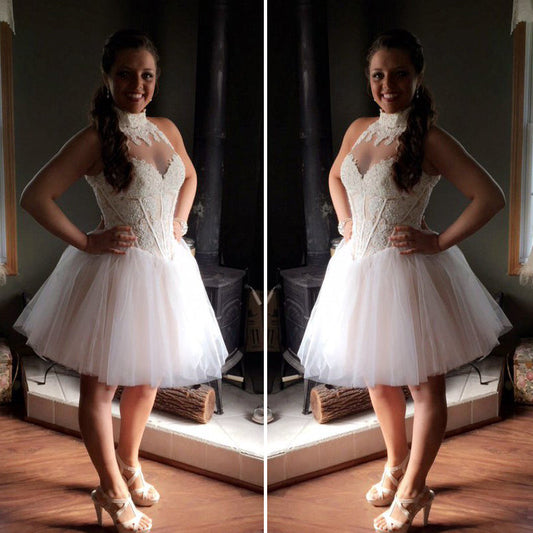 High Neck Kyra Homecoming Dresses Ivory Sleeveless Sheer Ball Gown Appliques Pleated Tulle