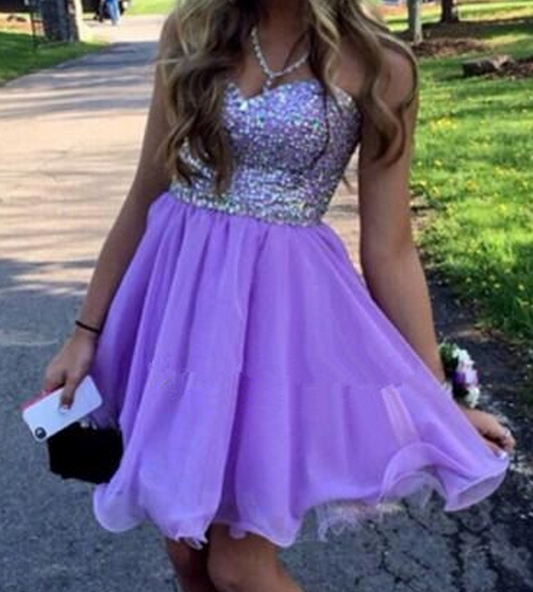 Strapless Sweetheart Beading Pleated A Line Homecoming Dresses Elaine Chiffon Lilac Short