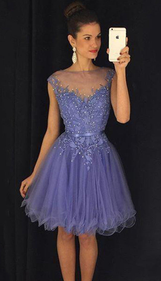 Homecoming Dresses A Line Mckenna Cap Sleeve Sheer Jewel Pleated Appliques Organza Flowers