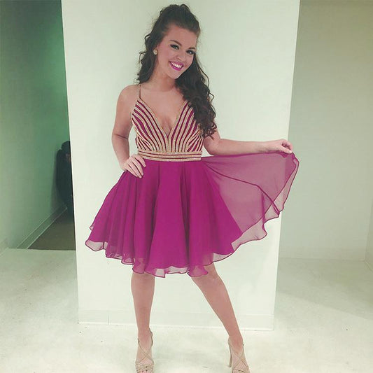 Fuchsia Pleated Deep V Neck Chiffon A Line Jillian Homecoming Dresses Spaghetti Straps Short