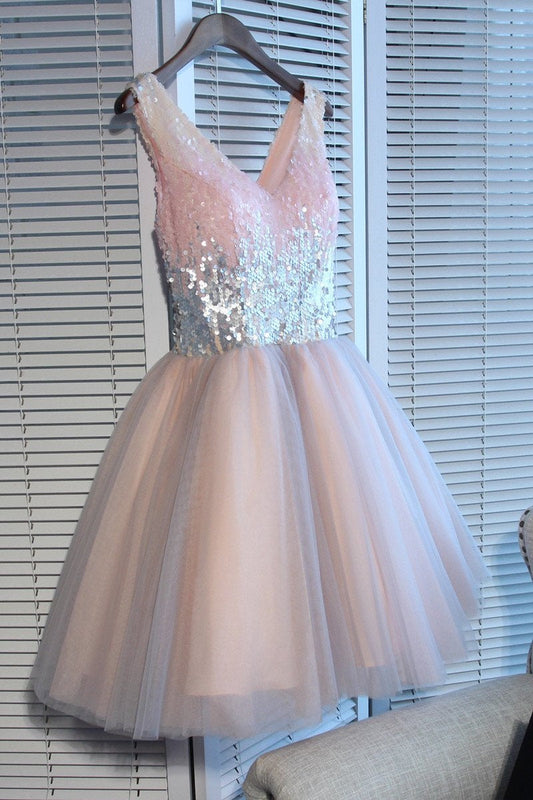 Deep V Neck Sleeveless Homecoming Dresses Abigail Sequins Ball Gown Sparkle Tulle Pleated