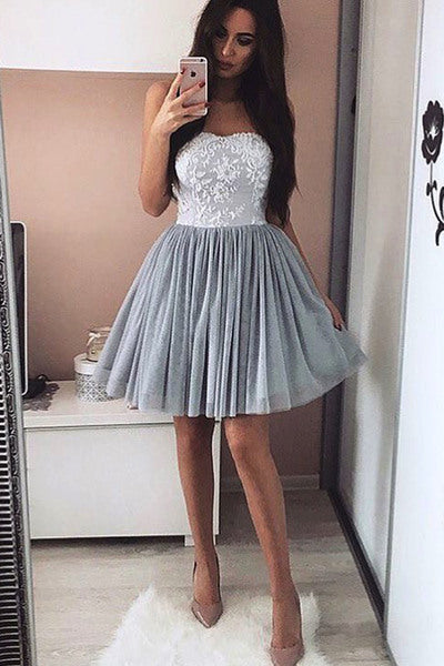 Strapless Sweetheart Appliques Tulle Pleated A Line Homecoming Dresses Lesly Grey Short