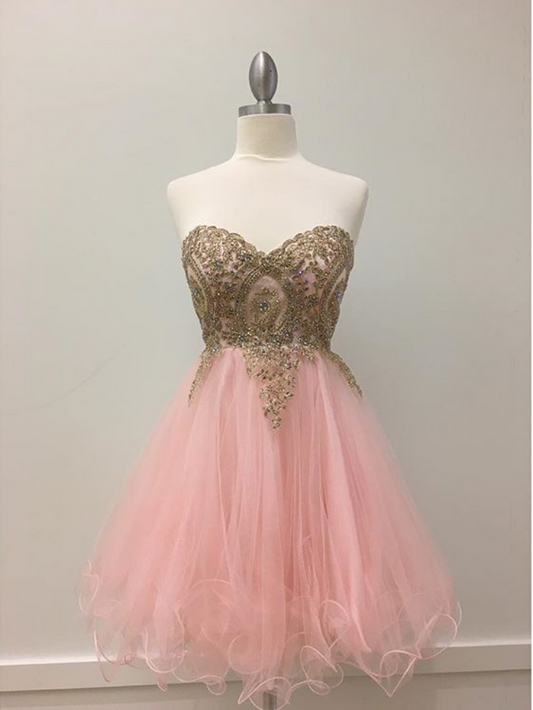 Strapless Sweetheart Organza Pleated Pink Homecoming Dresses Mackenzie Appliques Beading