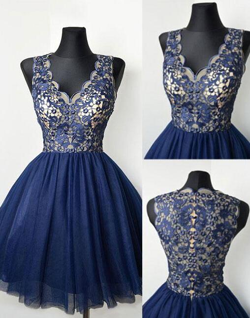 V Neck Sleeveless Appliques Tulle Pleated Homecoming Dresses Amaya A Line Navy Blue