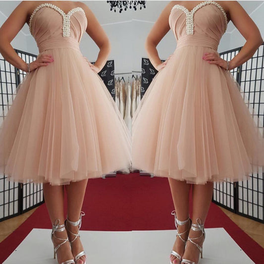 Pearls Strapless Sweetheart Backless Tulle Pleated Homecoming Dresses A Line Kaylie Ruched