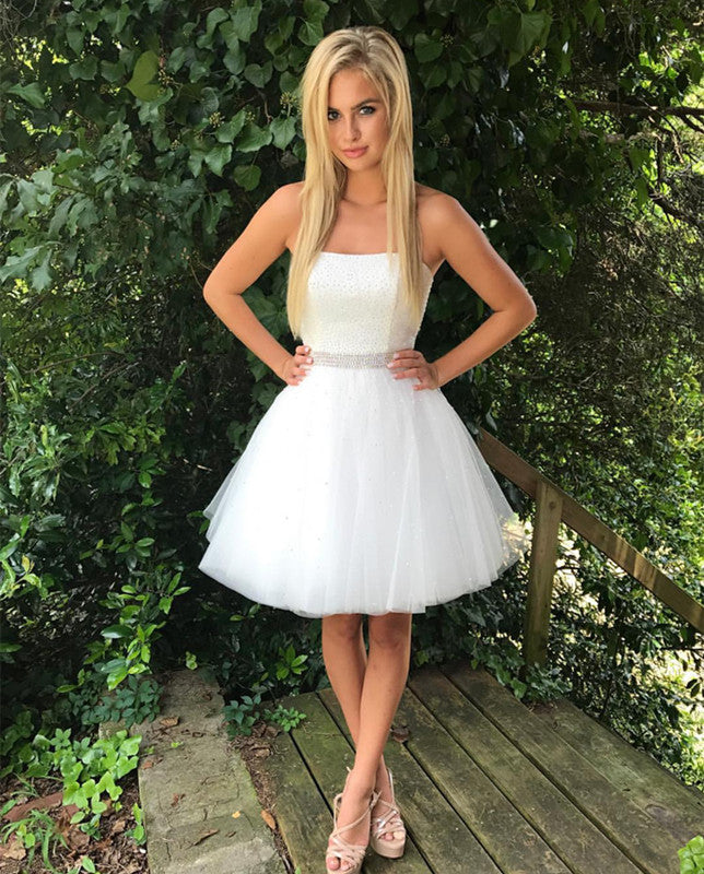 Strapless Beading Tulle Pleated Sexy Simple A Line Homecoming Dresses Kayden Knee Length