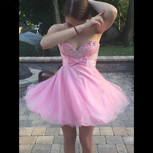 Lexie Pink Homecoming Dresses Organza Strapless Sweetheart Rhinestone Bowknot Backless Short