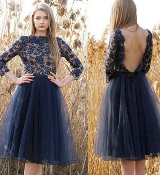 Jewel Long Homecoming Dresses Lace A Line Sherlyn Sleeve Dark Navy Backless Flowers Tulle Pleated