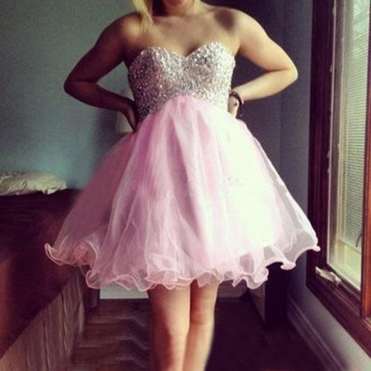 Organza Pleated Serenity Pink A Line Homecoming Dresses Strapless Sweetheart Beading Short