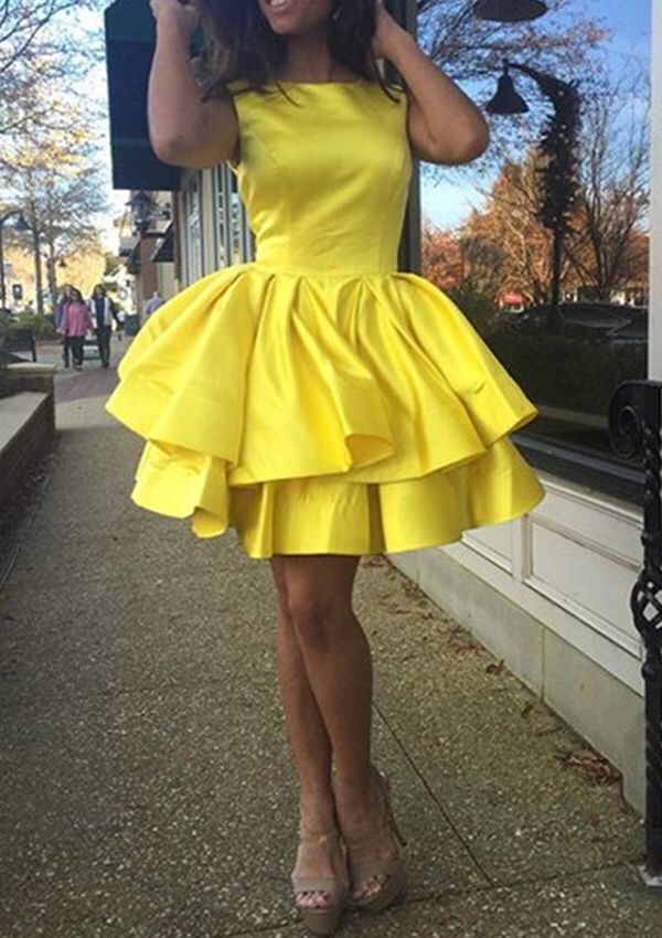 Jewel Sleeveless Short Homecoming Dresses Kaliyah Tiered Pleated Taffeta Daffodil Simple Ball Gown