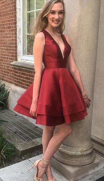 Deep V Neck A Line Diya Homecoming Dresses Satin Sleeveless Burgundy Tiered Pleated Sexy