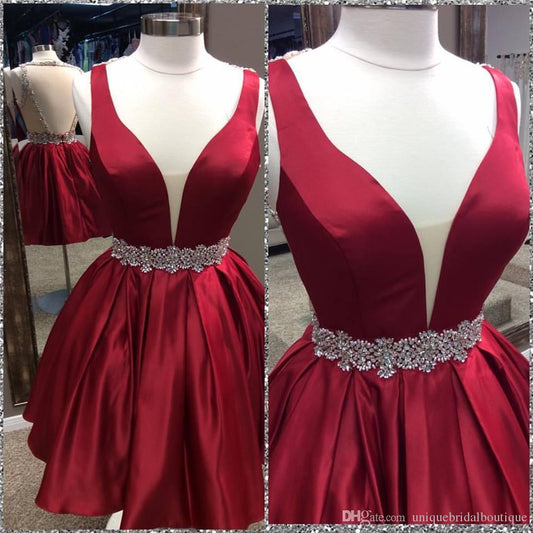 Deep V Neck Sleeveless Burgundy Homecoming Dresses Mavis Satin Ball Gown Pleated Backless