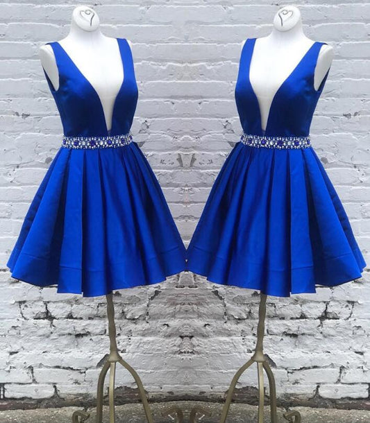 Deep V A Line Aracely Homecoming Dresses Royal Blue Satin Neck Sleeveless Pleated Rhinestone