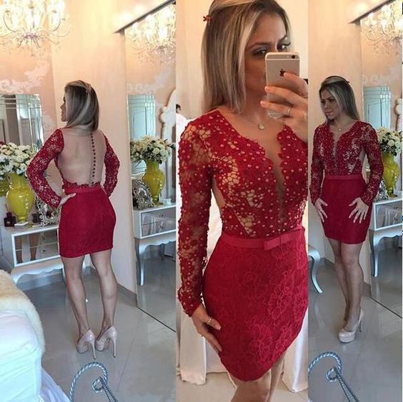 Long Sleeve Scoop Sheath Burgundy Sheer Back Homecoming Dresses Callie Lace Beading Short