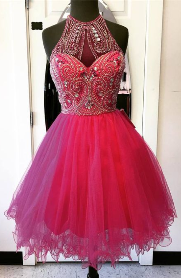 Sleeveless Fuchsia Halter Organza Homecoming Dresses Emerson A Line Beading Pleated Rhinestone