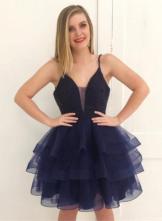 Spaghetti Straps Deep Gemma Homecoming Dresses V Neck Ball Gown Tiered Dark Navy Organza