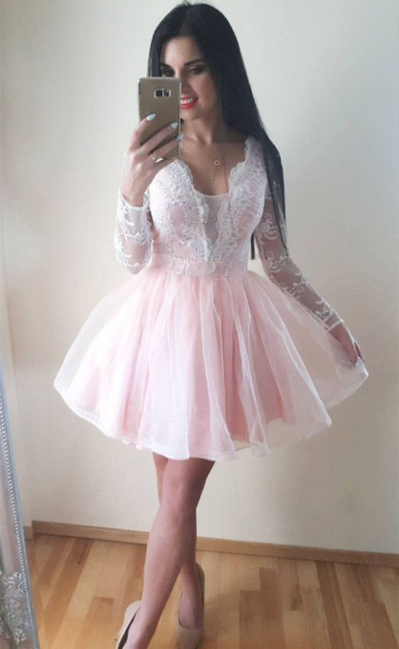 Long Sleeve Sheer Tulle Pleated Short Deep V Pink Lace Homecoming Dresses Stephany Neck Exquisite