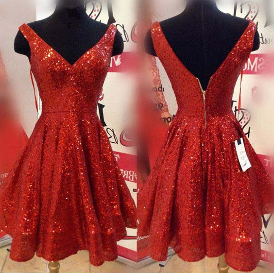 V Neck Sleeveless Backless Pleated Desiree Homecoming Dresses A Line Sequins Red Sparkle