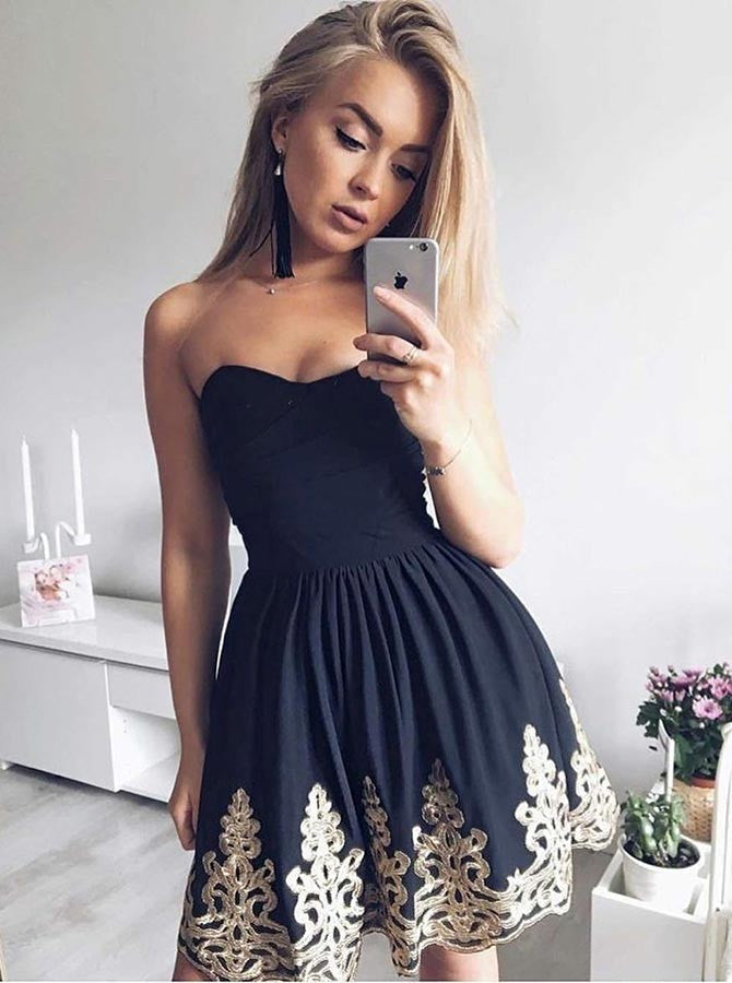 Strapless Appliques Pleated Backless Sexy Sweetheart Satin Homecoming Dresses Deanna A Line Black