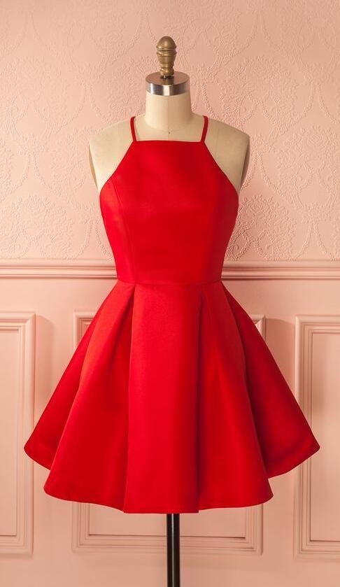 Sleeveless Red Halter Spaghetti Skylar Homecoming Dresses A Line Satin Straps Pleated Short