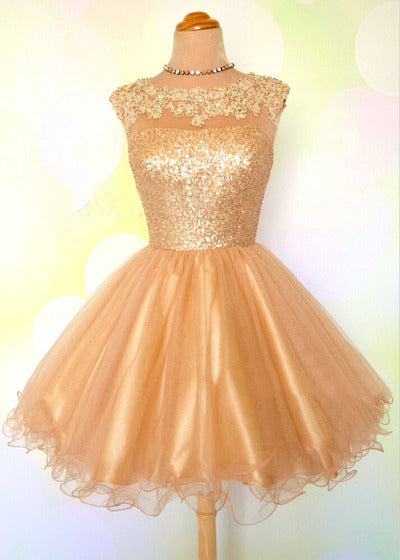 Cap Sleeve Jewel Appliques Sequins Sheer Gold Organza Emery A Line Homecoming Dresses Backless