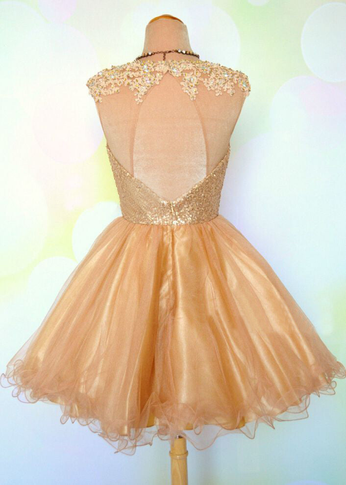 Cap Sleeve Jewel Appliques Sequins Sheer Gold Organza Emery A Line Homecoming Dresses Backless