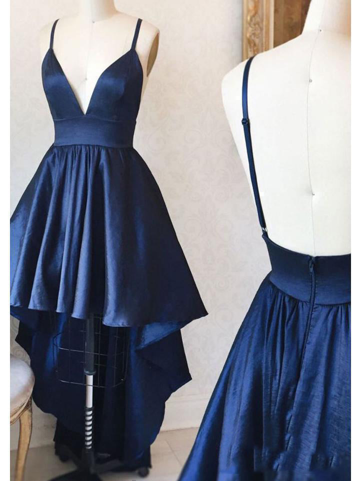 High Low Navy Blue Deep Homecoming Dresses A Line Satin Denise V Neck Spaghetti Straps Backless