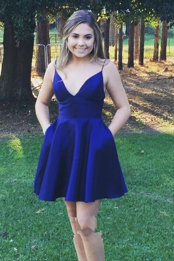 A Line Rowan Royal Blue Satin Homecoming Dresses Deep V Neck Spaghetti Straps Pleated Sexy Short