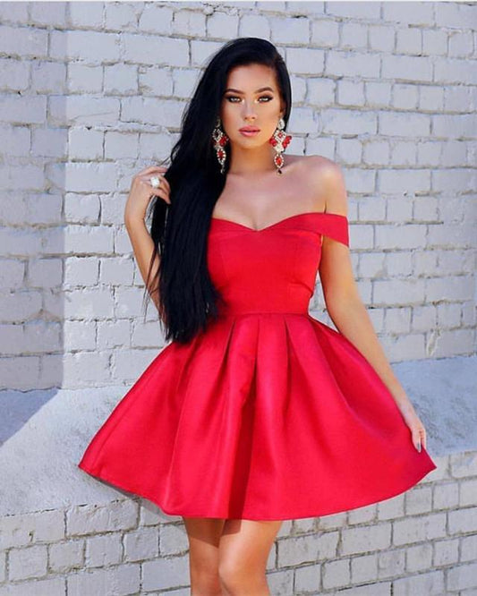 Off The Shoulder Pleated Sweetheart A Line Satin Homecoming Dresses Kelsey Short Elegant