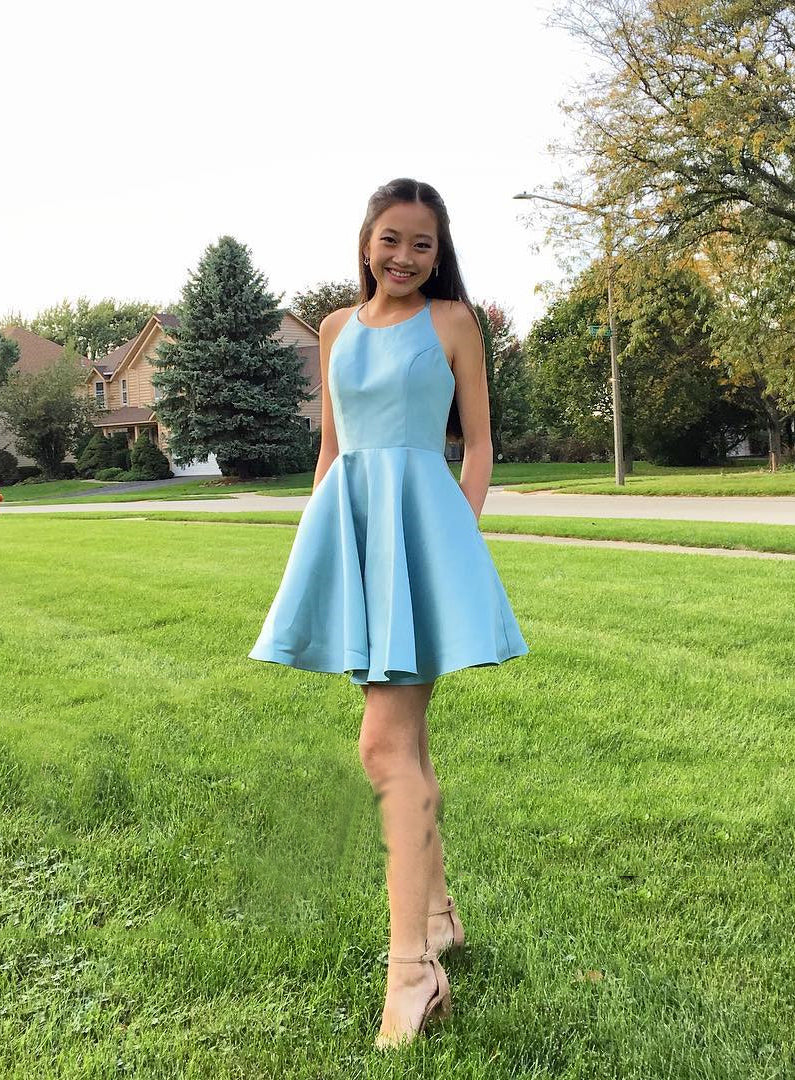 Halter Sleeveless Blue Moriah A Line Homecoming Dresses Satin Simple Pleated Short