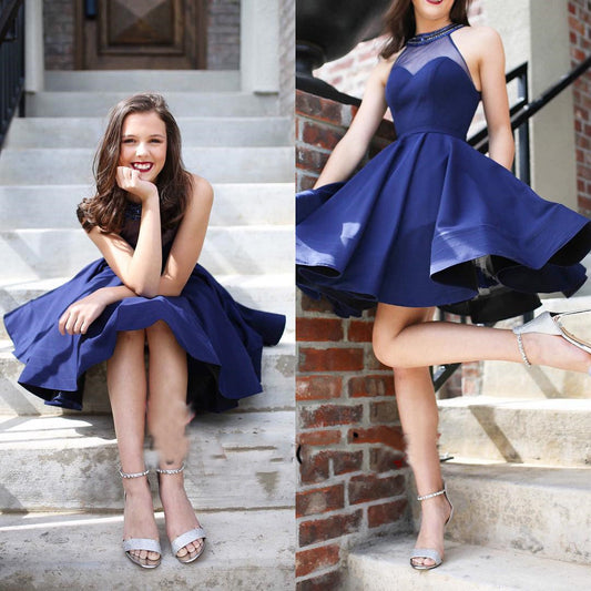 Halter See Through Navy Blue Pleated Satin Miracle A Line Homecoming Dresses Short Sleeveless