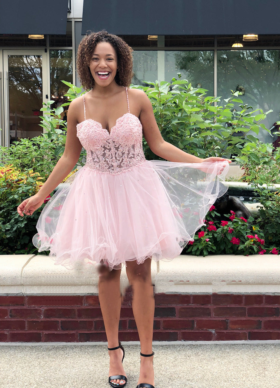 Macey A Line Pink Lace Homecoming Dresses Spaghetti Straps Sweetheart Organza Pleated Sexy