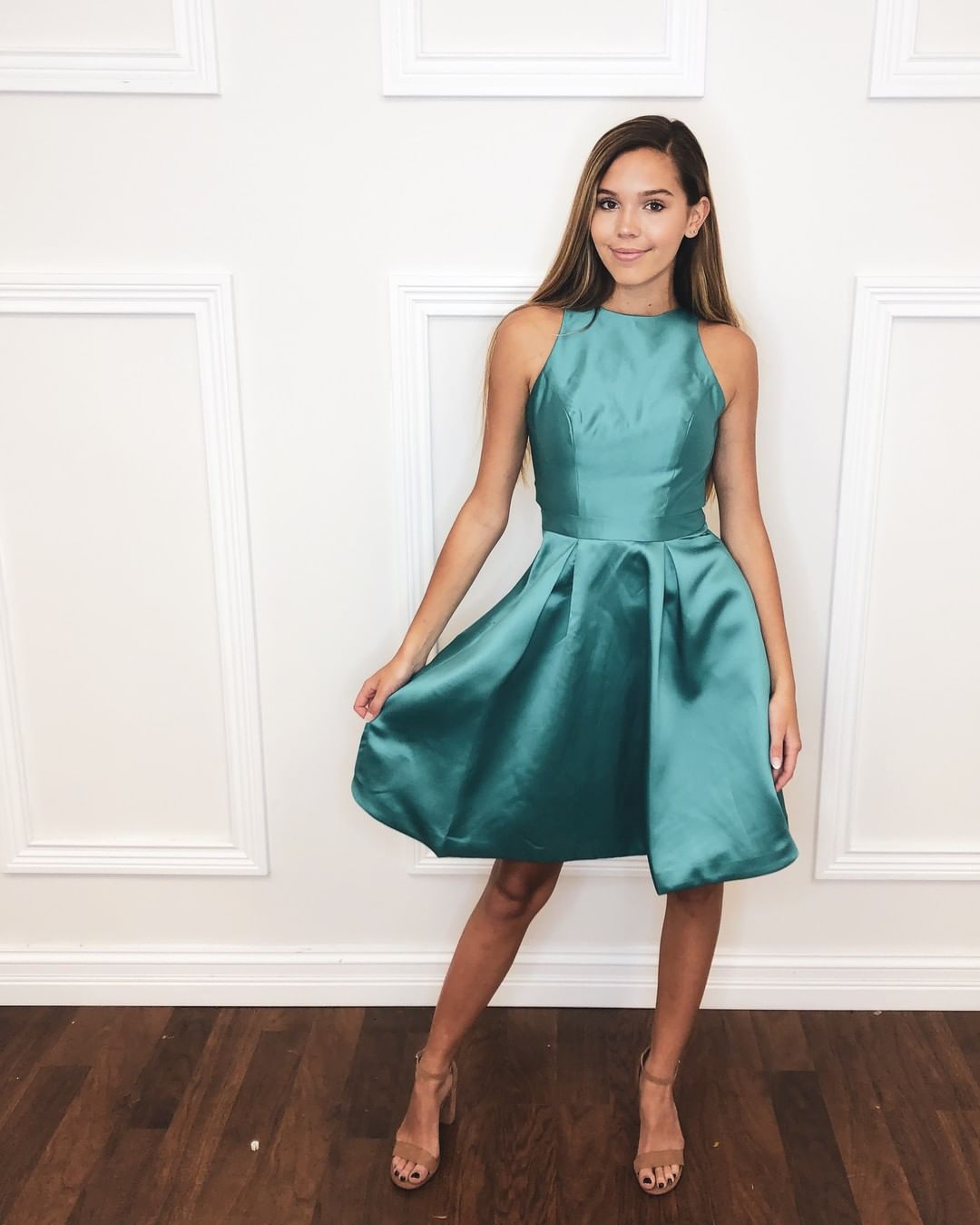 Halter Pleated Jade Homecoming Dresses A Line Emerson Satin Sleeveless Knee Length