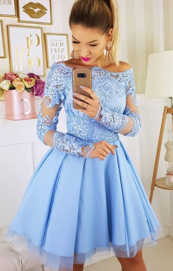 Long Sleeve A Line Marian Lace Homecoming Dresses Off The Shoulder Appliques Pleated Tulle Short