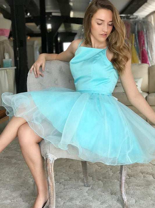 Spaghetti Straps Pleated Organza Homecoming Dresses A Line Parker Blue Knee Length