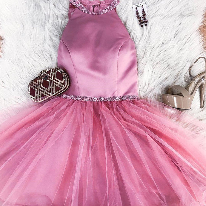 Halter A Line Eden Pink Homecoming Dresses Tulle Sleeveless Short Pleated Simple Beading