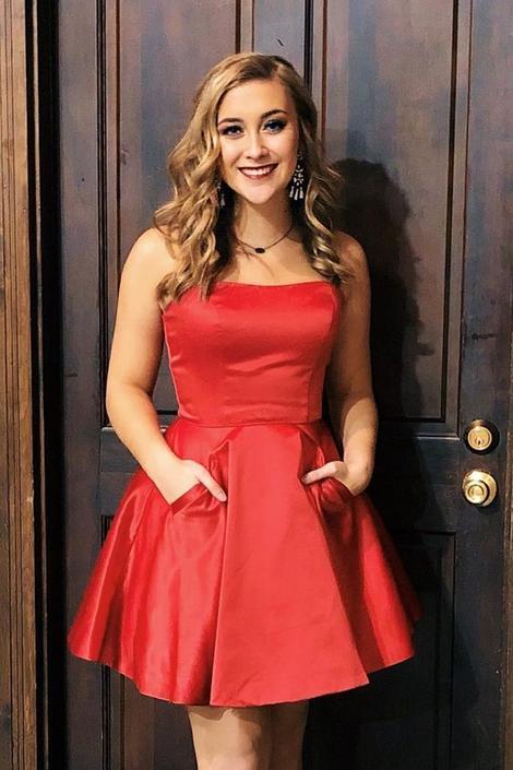 Strapless Red Pleated Pockets Short Elegant Homecoming Dresses A Line Satin Ayla Sexy