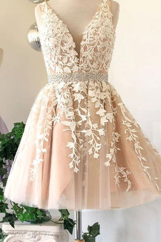 Deep V A Line Ivory Skyler Lace Homecoming Dresses Neck Sleeveless Tulle Appliques Pleated