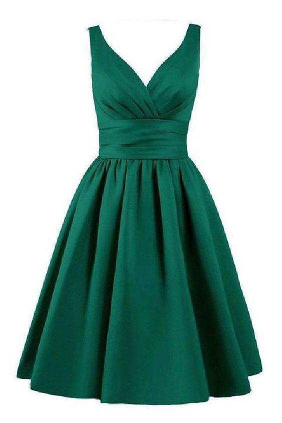 Sleeveless Pleated Hunter Ruched Homecoming Dresses Satin A Line Mayra V Neck Elegant