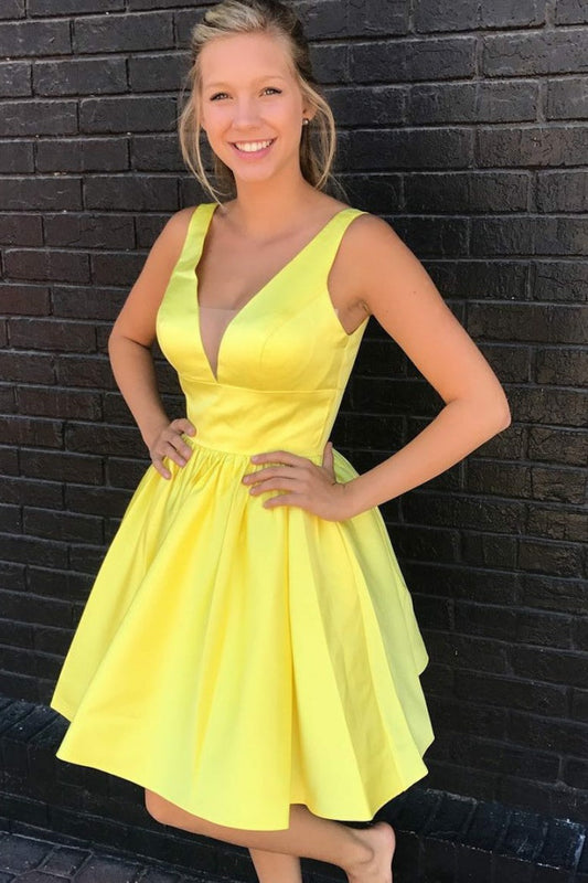 Daffodil Satin Homecoming Dresses A Line Emely Deep V Neck Pleated Sleeveless Simple Sexy