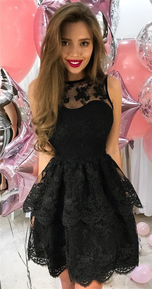 Sheer Halter Sleeveless Lace Winnie A Line Homecoming Dresses Tiered Black Flowers Short