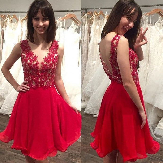 Sheer Red Appliques Homecoming Dresses A Line Marlee Organza Pleated Backless Short Sleeveless