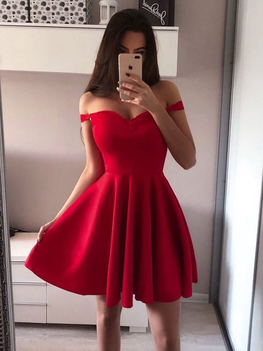 Ashlyn A Line Satin Homecoming Dresses Red Off The Shoulder Sweetheart Pleated Short