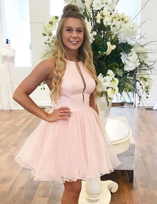 Halter Organza Short Pleated Sleeveless Adrianna Homecoming Dresses Pink A Line Simple Elegant